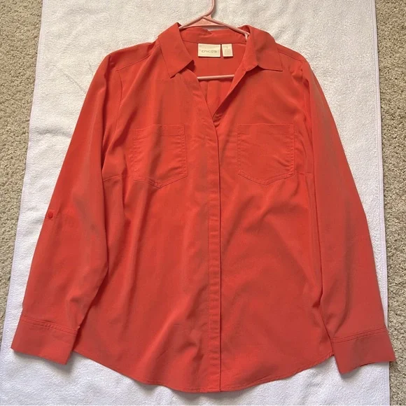 Chico’s Solid Button Down Utility Blouse Coral Modal Dress Shirt Medium - Picture 3 of 7